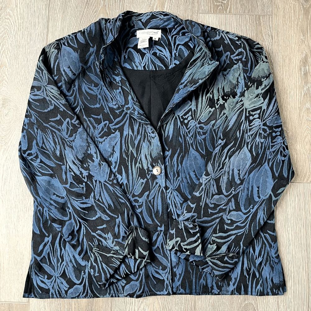 COLDWATER CREEK Jacket M Blue Floral Black Green Jacquard Lined Blazer